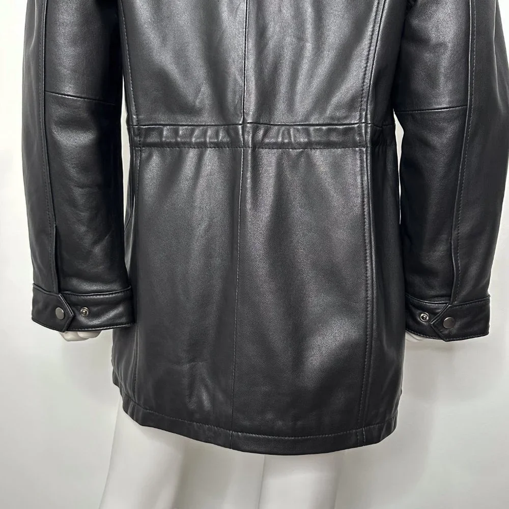 Genuine Lamb Leather Longline Coat Jacket w/ Remove-able Faux Fur Trim Hood - Picture 15 of 16